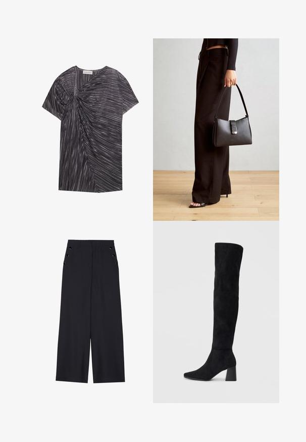 Top din material cu mânecă scurtă, alb-negru, cu un design asimetric texturat, prezentând plisaje și un detaliu frontal răsucit.; Pantaloni evazați din material bleumarin închis, cu o textură netedă, pliseuri frontale și ochiuri decorative aurii pe buzunarele laterale.; Cizme negre din suede, cu toc bloc, vârf ascuțit și un design neted, fără cusături, pe un fundal deschis.; Genți negre cu o formă structurată, textură netedă și un închizător metalic. Asortată cu pantaloni negri largi și sandale cu vârf deschis pe un podea din lemn.