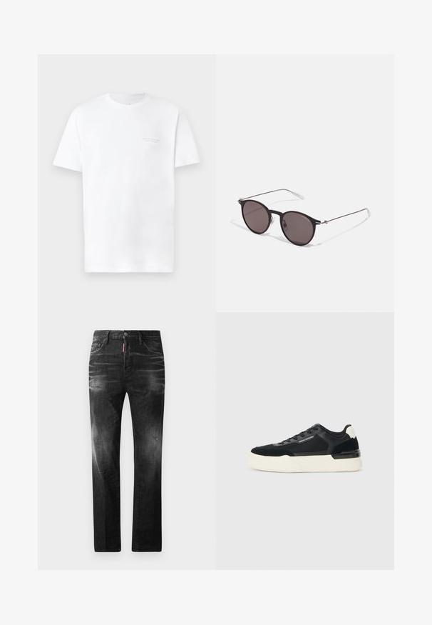 Valkoinen puuvillapaidan t-paita lyhyillä hihoilla, pyöreällä kaula-aukoilla, jossa on hienovarainen harmaa logopainatus vasemmassa rinta-alueessa ja sileä tekstuuri.; Mustat denimfarkut suoralla istuvuudella. Ominaisuuksiin kuuluu haalistuneita alueita, pieniä kulumia, klassinen viiden taskun malli sekä nappisulku.; Mustat lenkkarit, joissa on verkkokangasta ja nahkaa, paksu valkoinen pohja ja kontrastivärit. Nauhat ja logo yksityiskohtana sivulla.; Musta pyöreä aurinkolasit tummilla linsseillä ja kapeilla metallikehyksillä. Sisältää kirkkaat temppelet ja hopeiset yksityiskohdat saranassa. Minimalistinen muotoilu.
