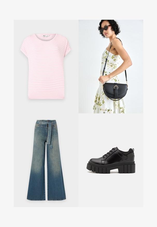 Világos rózsaszín, rövid ujjú póló fehér vízszintes csíkokkal. Kerek nyakú, puha anyagból készült, és laza szabású. Nincsenek látható minták vagy díszítések.; Bőszárú farmernadrág, világos és sötétkék árnyalatokkal, magas derekú, övgyűrűkkel és a nadrággal megegyező anyagú övvel. Textúrált farmer kivitel.; Fekete bőr platform cipők vaskos blokk sarkakkal, kerek orral és hagyományos fűzős kialakítással. Simára csiszolt felület és minimális részletezés jellemzi.; Fekete bőrtáska ívelt formával, levehető pánttal és arany színű fémrészekkel. A táskán egy csattal díszített fedél található.