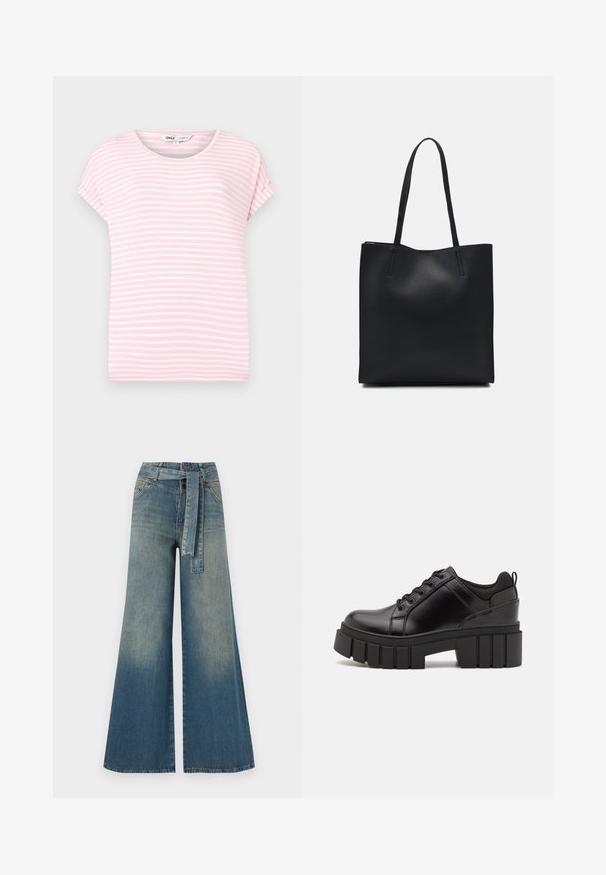 Light pink short-sleeve t-shirt with white horizontal stripes. Round neckline, soft fabric, and a relaxed fit. No visible patterns or accents.; Wide-leg denim trousers featuring a light to dark blue gradient, high waist, belt loops, and a matching fabric belt. Textured denim finish.; Black leather platform shoes with a chunky block heel, round toe, and traditional lace-up design. Features smooth texture and minimal detailing.; Black leather tote bag with smooth texture, rectangular shape, and two long handles. No visible hardware or embellishments.
