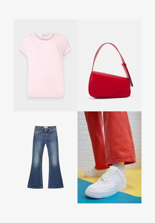 Vaaleanpunainen lyhythihainen t-paita, jossa on valkoiset vaakaraidat. Pyöreä kaula-aukko, pehmeä kangas ja rento istuvuus. Ei näkyviä kuvioita tai yksityiskohtia.; Farkkujen leveälahkeet keskipäivän sinisessä, jossa on kulumisen yksityiskohtia. Ominaisuuksiin kuuluu klassinen viisi taskua -design ja kontrastivärinen ompelu nappisuljennalla.; Valkoinen nahkakengät, joissa on rei'itetty varvasosa, teksturoitu pohja ja valkoiset nauhat, yhdistettynä leveisiin punaisiin housuihin ja sinikeltaiseen taustaan.; Punainen nahkalaukku, jossa on kulmikas, geometrinen muotoilu. Varustettu yhdellä säädettävällä hihnalla ja läpällä, jossa on ommeltu yksityiskohtia.