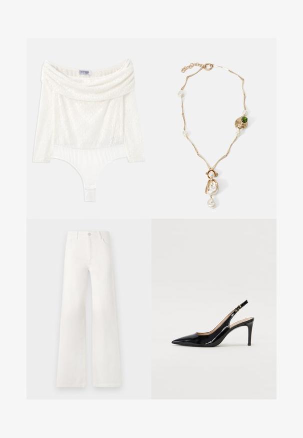 Bijela čipkasta bodi sa dekolteom bez naramenica, rukavima do tri četvrtine i glatkim donjim panelom. Sadrži složene cvjetne uzorke.; Bijele, visokotalasne široke traperice. Imaju kopčanje na dugme, dva prednja džepa i bočne šavove s detaljima šivanja.; Crne lakirane slingback cipele s oštrim vrhom, uskim potpeticama i suptilnim izrezom. Sadrže zlatnu kopču na traku.; Ogrlica zlatne boje s uvijenim karikama, bijelim biserima i akcentom od zelene kamenčića. Sadrži složene detalje i kopču za zatvaranje.