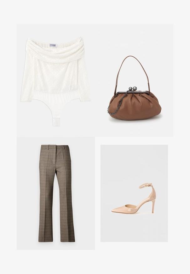 Vit spetsbodysuit med off-shoulder halsringning, trekvartslånga ärmar och en slät underdel. Har intrikata blommönster.; Bruna rutiga byxor med rak benpassform, som har ett texturerat tyg och subtila färger av beige och mörkare bruna nyanser genom mönstret.; Nackens patentläder skon med spetsig tå, ankelrem och stilettklack, med en slät yta och minimalistisk design.; Brun läderhandväska med en samlad design, ett kort läderhandtag och en kedjestrapsrem. Har ett silverfärgat metallspänne med två runda detaljer.