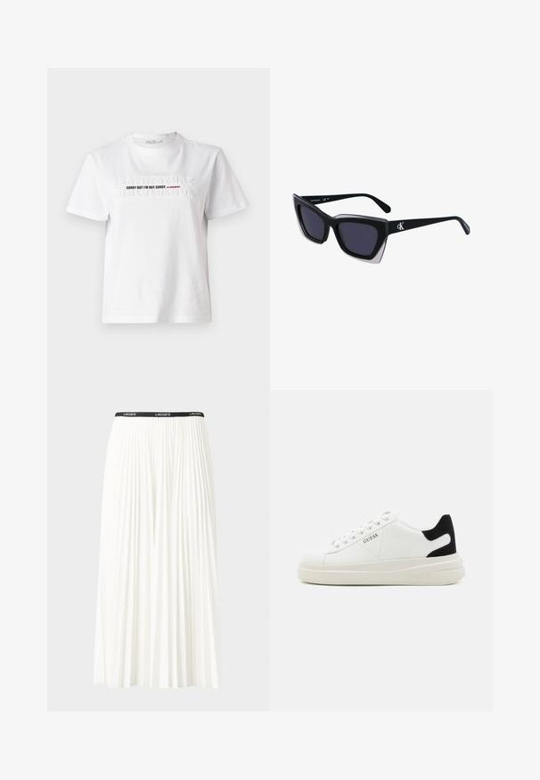 Bela bombažna majica s kratkimi rokavi, okroglim izrezom in reliefnim napisom "ŽAL MI JE, A MI NI ŽAL" v črni in rdeči barvi.; Gubasta bela krila z črnim elastičnim pasom, ki nosi logotip "LACOSTE". Srednje dolga zasnova z mehkobo tkanine.; Bele usnjene športne copate z debelim belim podplatom, črnimi semišnimi detajli na peti in utisnjenim logotipom na strani. Zavezovanje s šestimi luknjicami.; Črne prevelike sončne očala geometrijske oblike, z temnimi lečami in kontrastno sivo podrobnostjo na okvirju. Logo na ročaju.