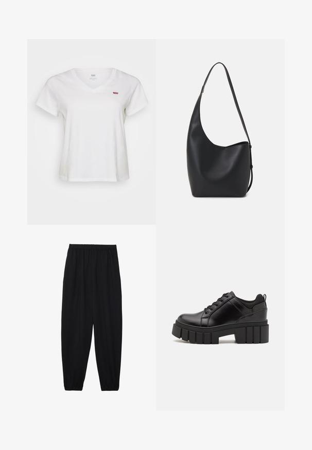 Valge puuvillane T-särk V-kaelusega, lühikeste varrukatega ja väikese punase Levi's logo'ga vasakul rinnal. Pehme tekstuur, vabalt langetav lõige.; Mustad, kerge kangas püksid elastse vöökoha ja kokku volditud pahkluudega. Kanga pind on sile ja disain on lõdvestunud, kitsenev.; Must musta platvormsussid paksu plokkninal, ümmarguse varbaga ja traditsioonilise nööridega kinnitamisega. Sussid on sileda tekstuuriga ja minimaalsete detailidega.; Mustast nahast hobo kott, millel on sile tekstuur, kumer kuju ja üks reguleeritav rihm; peal on lai avaus.