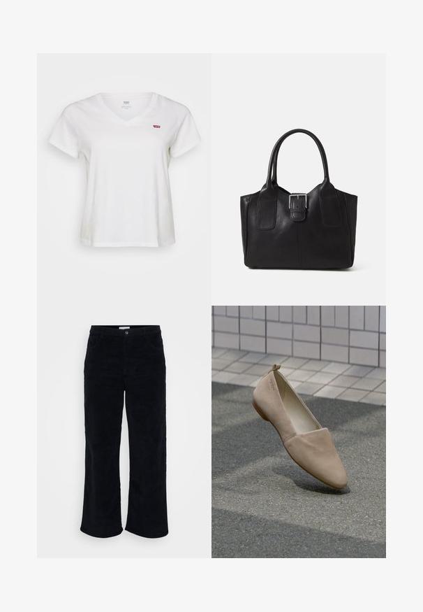 Bela bombažna majica s povezavo, kratkimi rokavi in majhnim rdečim logotipom Levi's na levi strani prsnega koša. Mehka tekstura, sproščen kroj.; Črne žametne hlače z ravnimi nogavicami, sprednjimi žepi, gumbom in zadrgo ter mehkim, teksturiranim zaključkom.; Beige balerinke iz mehkega materiala, z ostrim nosom in minimalističnim dizajnom. Vključujejo majhen peto in zanko na hrbtni strani.; Črna usnjena torba s gladko teksturo, strukturirano obliko, dvema ročkama in izrazitim srebrnim sponko na sprednji strani.