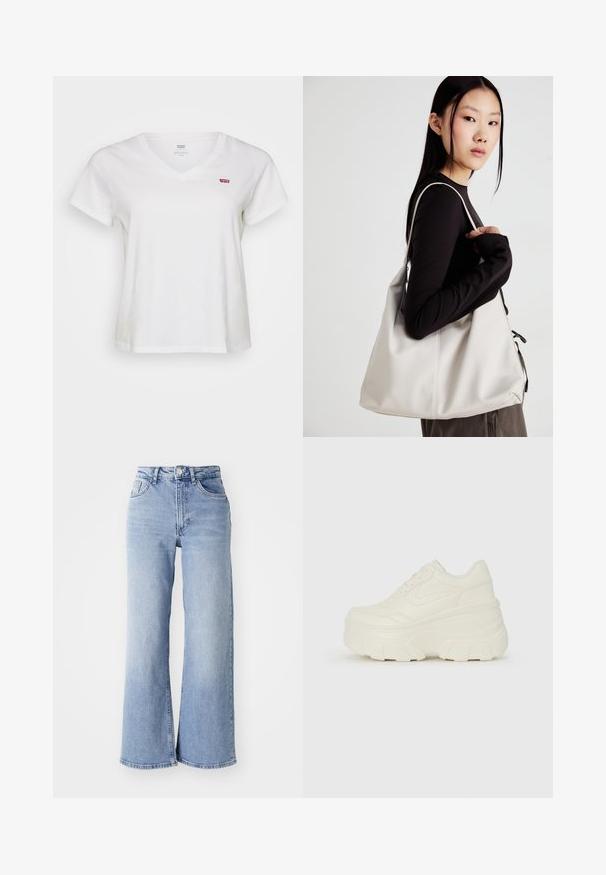 Tricou alb din bumbac cu decolteu în V, mâneci scurte și un mic logo roșu Levi's pe pieptul stâng. Textură moale, croială lejeră.; Jeans wide-leg de culoare albastru deschis cu talie înaltă, dotate cu buzunare frontale și spate, închidere cu buton și decolorare subtilă pe coapse și margini.; Adidași platformă albi, cu un superior neted asemănător cu pielea, formă rotunjită, guler căptușit și talpă din cauciuc texturată cu borduri bine definite.; Geantă bej din material moale, cu un design lejer, detalii cusute și două bretele pentru umăr. Potrivită pentru utilizarea zilnică.