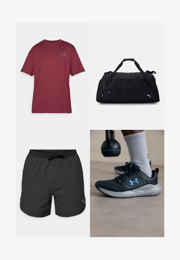 Maroon T-shirt, short sleeves, round neckline, features a small graphic on the left chest in contrasting colors. Soft, smooth fabric texture.; Black swim shorts with an elastic waistband and drawstring. Lightweight fabric with side pockets. Features a small logo on the hem.; Black athletic shoe with blue accents, textured upper, and gray sole. Worn with gray ribbed socks, beside a black kettlebell.; Black duffel bag made of durable fabric, featuring dual zip compartments, padded handles, and a white Puma logo on the side.