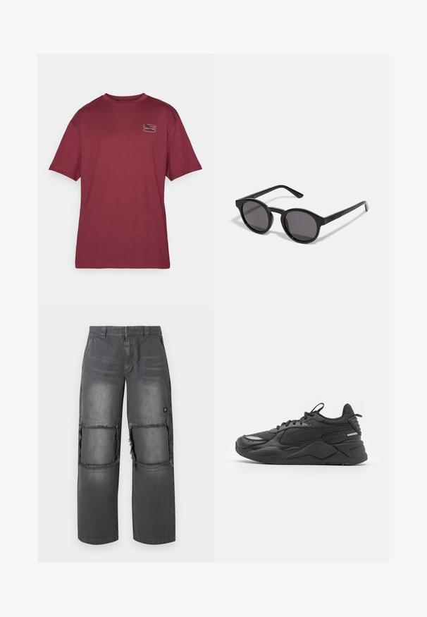 T-shirt bordeaux, manches courtes, col rond, avec un petit graphique sur la poitrine gauche dans des couleurs contrastées. Texture de tissu douce et lisse.; Pantalons en denim gris avec une coupe décontractée, dotés de rapiéçages en bas des genoux effilochés, de surpiqûres contrastantes et d'un petit logo sur le côté.; Baskets noires avec une tige texturée, comprenant des matériaux en maille et synthétiques, une semelle épaisse et des accents réfléchissants pour la visibilité.; Lunettes de soleil noires avec une monture ronde légèrement ondulée, verres foncés et branches noires droites. Fini lisse et brillant sans motifs visibles.