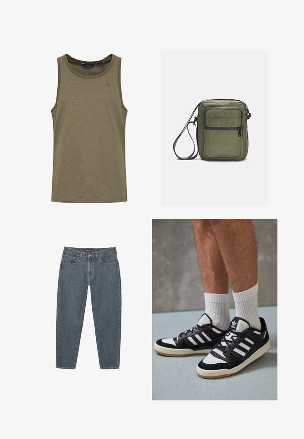 Olivengrünes Tanktop aus einem weichen, atmungsaktiven Stoff. Mit Rundhalsausschnitt und dezentem Logo-Stickerei auf der Brust.; Dunkelblaue Jeans aus Denim mit lockerer Passform, Fünf-Taschen-Design, Knopfverschluss und leicht fransigem Saum. Strapazierfähiges Material mit subtiler Textur.; Schwarz-weiße Sneaker mit einem Obermaterial aus Wildleder und Leder, ausgestattet mit drei weißen Streifen, einer perforierten Zehenpartie und einer Sohle aus Gummi.; Olivgrüne Umhängetasche mit glatter Oberfläche, ausgestattet mit einer vorderen Reißverschlusstasche und einem verstellbaren Schultergurt. Hergestellt aus strapazierfähigem Nylonmaterial.