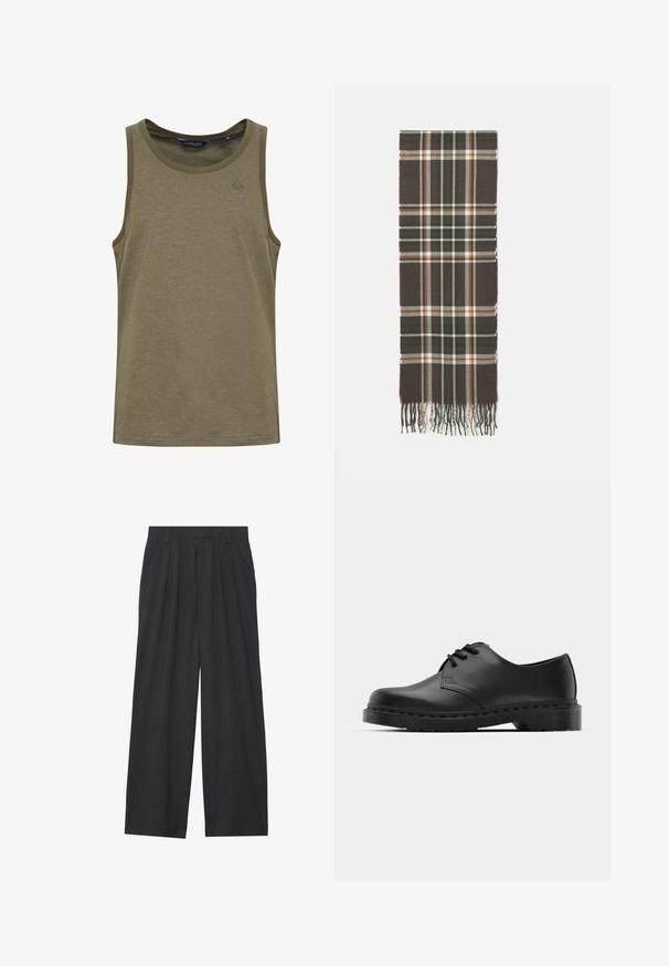 Top sin mangas de color verde oliva en una tela suave y transpirable. Cuenta con un escote redondo y un sutil bordado del logotipo en el pecho.; Pantalones de pierna ancha hechos de tela gris oscura. Cuenta con pliegues en la cintura, un diseño a medida y una silueta recta.; Zapato oxford de cuero negro con diseño de cordones, punta redonda, suela de goma plana y un sutil detalle de costura en la parte superior.; Bufanda de cuadros marrón con rayas verdes, blancas y naranjas, terminada en flecos en ambos extremos. Fabricada en un material textil suave.