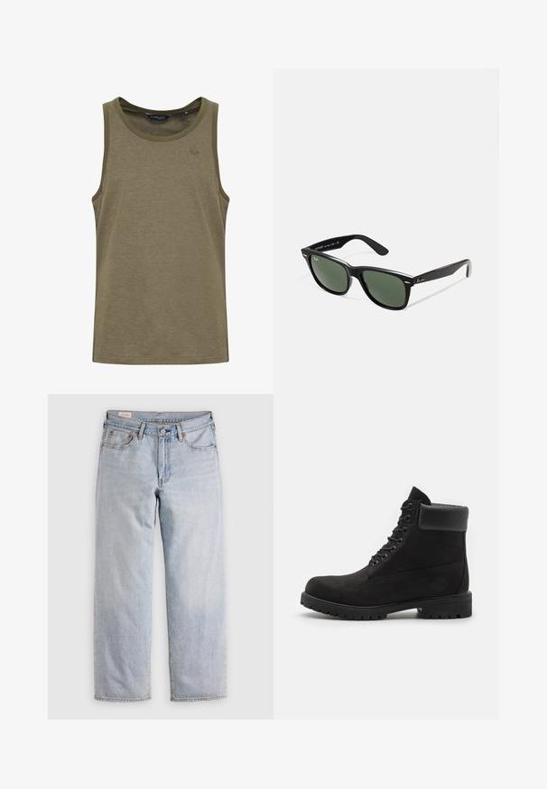 Olive green tank top in a soft, breathable fabric. Features a round neckline and subtle logo embroidery on the chest.; Light blue straight-leg jeans with a high waist, button closure, and front and back pockets, displayed on a flat surface.; Black lace-up ankle boot with padded collar and rugged sole, shown in profile against a white background.; Black plastic sunglasses with green lenses, square frames, silver accent on the brow, and textured temple arms. Stated brand on inner arm.