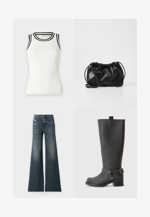 Sleeveless white ribbed tank top with black striped neckline, fitted shape, and smooth texture. Label reads "PARTIZIA PEPE."; Wide-leg jeans in dark blue denim with a slightly faded texture, featuring front pockets and a button closure at the waist.; Black leather knee-high boot with a textured finish, featuring a side buckle accent and a low heel. Detailed stitching along the seams.; Black leather handbag with gathered design, dual drawstring closure, and detachable shoulder strap. Features metallic logo detail.