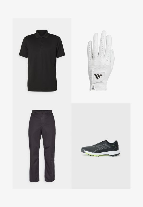 Camisa polo preta feita de um tecido suave. Apresenta um colarinho clássico, placket com três botões e mangas curtas com bainha reta.; Calças impermeáveis pretas com um corte reto, apresentando uma textura lisa, cintura elástica e zipers laterais na bainha para ajustabilidade.; Sapatilha desportiva preta com parte superior texturizada, detalhes reflexivos e uma entressola branca. Apresenta uma sola de borracha verde com cravos de tração.; Luvas de golfe de couro branco com dedos perfurados, costura texturizada e um logotipo em preto no pulso. Design ajustado para melhor aderência.