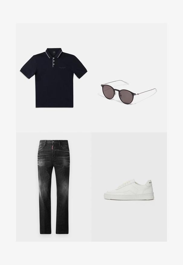 Námorně modrá polo košile vyrobená z bavlny, s kontrastním bílým límcem, tříknoflíkovou légu a vyšitým logem na hrudi.; Černé džíny z denimu se rovnými nohavicemi. Obsahují vybledlé oblasti, drobné poškození, klasický pětikapsový design a zapínání na knoflík.; Bílé kožené tenisky s hladkým povrchem, kulatou špičkou, plochými tkaničkami a texturovanou podrážkou. Na patě se nachází nenápadné logo.; Černé kulaté sluneční brýle s tmavými skly a tenkými kovovými nohami. Obsahují průhledné koncovky nožiček a stříbrné akcenty na pantu. Minimalistický design.