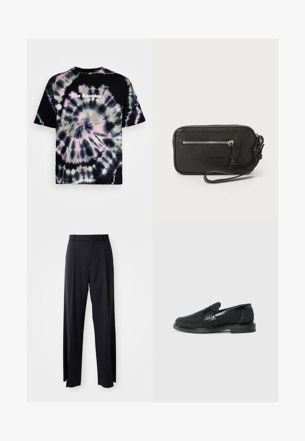 Camiseta negra con diseño de tie-dye que presenta patrones en espiral en púrpura, verde y blanco. Logo "The Kooples" impreso en blanco en la parte central delantera.; Pantalones negros de tiro alto con corte de pierna ancha, confeccionados en una tela suave. Presenta pliegues en la parte delantera y trabillas para cinturón. Diseño minimalista, sin hardware visible.; Zapato negro de tejido con un acento de cuero suave en la parte superior, diseño de punta redonda y suela de goma de perfil bajo.; Clutch de cuero negro con superficie texturizada, bolsillo delantero con cremallera y correa de muñeca desmontable. Presenta una etiqueta de logo en el frontal. Forma rectangular.