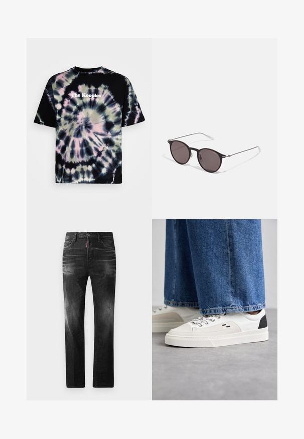 Mustat sidotut t-paidat, joissa on pyöriviä kuvioita purppurassa, vihreässä ja valkoisessa. "The Kooples" -logo painettuna valkoisena keskellä edessä.; Mustat denimfarkut suoralla istuvuudella. Ominaisuuksiin kuuluu haalistuneita alueita, pieniä kulumia, klassinen viiden taskun malli sekä nappisulku.; Valkoiset ja mustat tennarit, joissa on sileä nahkapäällinen, tekstuuriakcentit ja paksu valkoinen pohja. Varustettu klassisella nauhakiinnityksellä.; Musta pyöreä aurinkolasit tummilla linsseillä ja kapeilla metallikehyksillä. Sisältää kirkkaat temppelet ja hopeiset yksityiskohdat saranassa. Minimalistinen muotoilu.