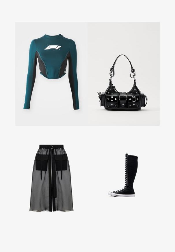 Tamsiai žalia ilgomis rankovėmis trumpa palaidinė su juodomis šoninėmis juostomis. Pasižymi balta logotipu ant krūtinės ir kontrastingomis siūlėmis. Pagaminta iš tamprios medžiagos.; Juoda permatoma sijonas su surinkta liemene, dviem didelėm priekinėm kišenėm, liemens raišteliu ir apvaliu metaliniu akcentu.; Juodos aukštos sportinės bateliai su aukštu dizainu, pagaminti iš kanvo. Su baltais raišteliais, siūlėmis ir guminėmis padais su pirštų kepurėle.; Juodas odinis rankinukas su kreiviu dizainu, su sidabro spalvos knopkėmis, užsegimu ir dviem šoninėmis kišenėmis. Reguliuojama dirželis nešimui.