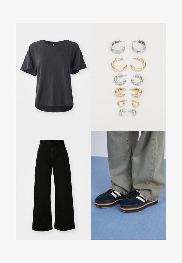 Black t-shirt made of soft fabric, featuring a round neckline, short raglan sleeves, and a curved hem. Small logo on the chest.; Black wide-leg cargo pants made of denim, featuring a high waist, front button closure, and side pockets. Smooth texture with minimal stitching.; Dark blue suede platform sneakers with white stripes and black laces. Features a thick brown rubber sole. Worn with light blue denim pants.; Set of eight metal earrings in silver and gold tones. Includes various hoop styles, textures, and finishes, arranged by size.