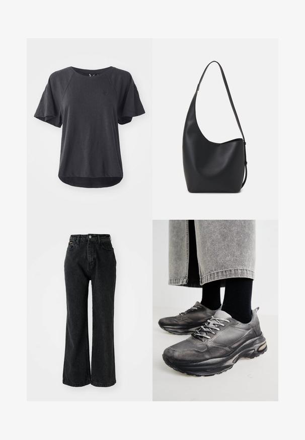 Černé tričko vyrobené z měkké tkaniny, s kulatým výstřihem, krátkými raglánovými rukávy a zakřiveným lemem. Malé logo na hrudi.; Černé džíny z denimu s vysokým pasem, širokým střihem a prošívanými detaily. Obsahují pět kapes a knoflík na pase.; Černé a šedé sportovní boty mají síťovaný svršek, silné podrážky a šněrování. Mají zaoblenou špičku a viditelné polstrování.; Černá kožená hobo taška s hladkým povrchem, zakřiveným tvarem a jedním nastavitelným popruhem; má široké otevírání nahoře.