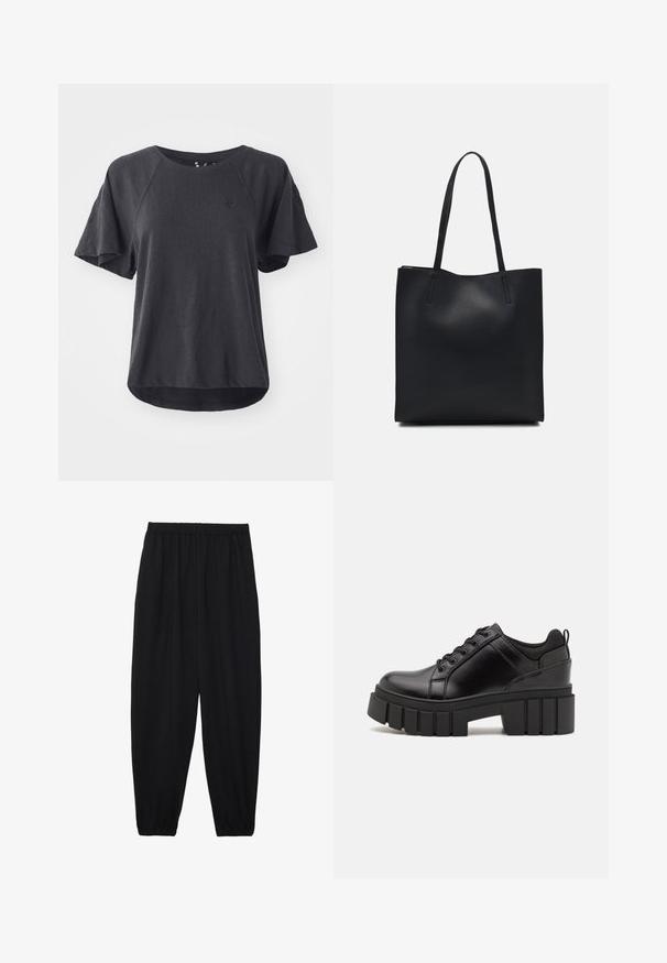 Juodas marškinėlis, pagamintas iš švelnios medžiagos, turintis apvalų kaklą, trumpas raglan tipo rankoves ir lenktą apačią. Mažas logotipas ant krūtinės.; Juodi, lengvi kelnių su elastinga juosmens juosta ir surinktais kulkšniais. Audinys yra lygus ir turi atsipalaidavusį, siaurėjantį dizainą.; Juodi odiniai platformos batai su masyviu blokuota kulniuku, apvalia nosimi ir tradiciniu šnypštimo dizainu. Turintys glotnų paviršių ir minimalų dekoravimą.; Juodas odinis tote krepšys su lygia tekstūra, stačiakampio formos ir dviem ilgais rankenomis. Matomų metalinių detalių ar puošybos nėra.