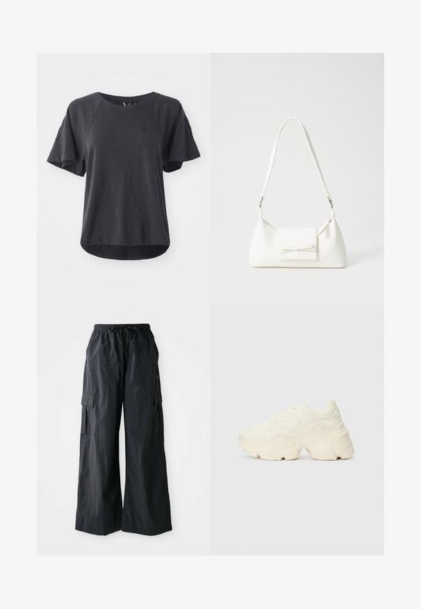 Schwarzes T-Shirt aus weichem Stoff, mit rundem Ausschnitt, kurzen Raglanärmeln und einem abgerundeten Saum. Kleines Logo auf der Brust.; Schwarze Cargo-Hosen aus leichtem Material, mit weitem Bein-Design, elastischem Bund und mehreren Seitentaschen. Einfach und funktional.; Flockige weiße Sneaker aus strukturiertem Mesh und synthetischen Materialien, mit einer dicken Sohle und komplizierten Mustern entlang der Seiten.; Weiße synthetische Handtasche in dreieckiger Form, flache Vorderklappe und Schleifendetail, verstellbarer Trageriemen, glatte Textur und minimalistisches Design.