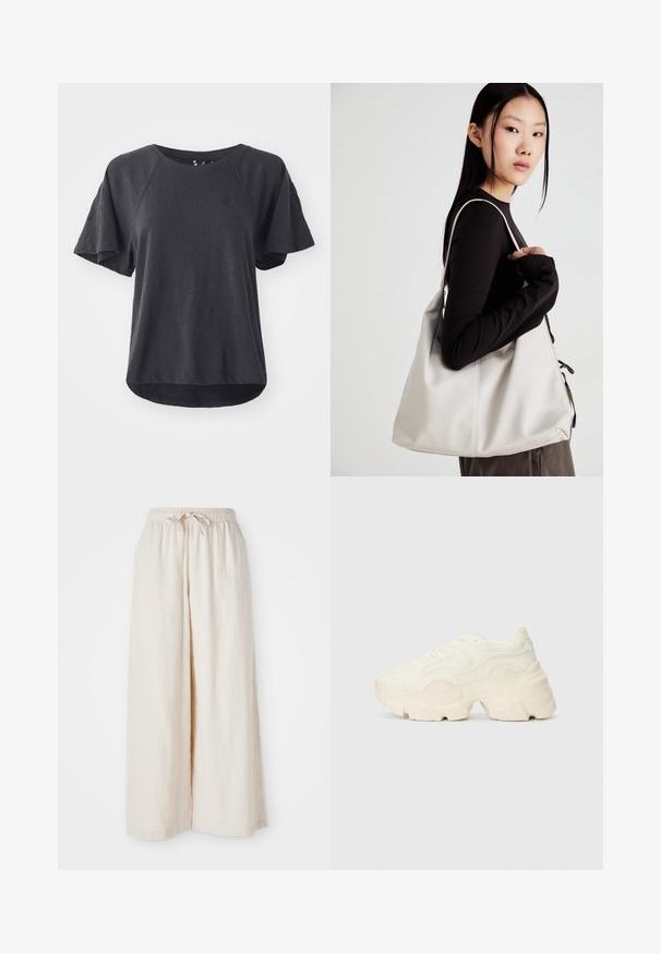 Melnā T-kreklā, kas izgatavots no mīkstas auduma, ir apaļš kakla izgriezums, īsas raglanu piedurknes un noapaļots apakšmalas izgriezums. Uz krūtīm ir neliels logo.; Plati, krēmbalti bikses ar elastīgu jostasvietu un auklu. Gluda, viegla lina auduma, bez redzamām rakstām vai aparatūras.; Masīvi balti sportisti, kas izgatavoti no strukturēta sieta un sintētiskajiem materiāliem, ar biezu zoli un sarežģītām rakstu detaļām gar sāniem.; Bežs rokassoma, izgatavota no mīksta materiāla, ar brīvu dizainu, izšūtu apdari un divām plecu siksnām. Piemērota ikdienas lietošanai.