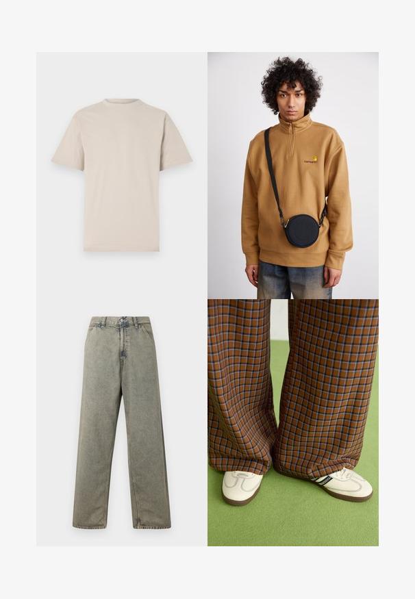 T-shirt beige à manches courtes, col rond, en tissu coton lisse, avec une coupe décontractée et sans motifs ni embellissements visibles.; Jean en denim à jambes larges de couleur gris délavé, avec une fermeture à boutons et un design traditionnel à cinq poches avec des détails de couture visibles.; Un pantalon large à carreaux marron et bleu associé à des chaussures blanches avec des accents noirs et des semelles texturées, le tout sur fond vert.; Sweat-shirt en polaire marron à demi-fermeture éclair avec logo brodé, portant un sac en bandoulière noir avec fermeture éclair et détail de logo, porté sur un jean.
