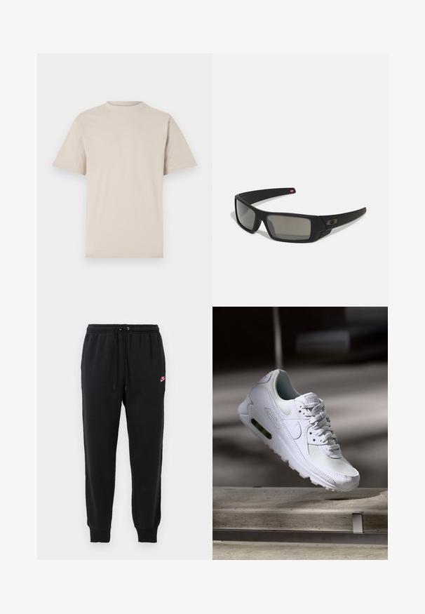 Beige T-Shirt mit kurzen Ärmeln, Rundhalsausschnitt, aus glattem Baumwollstoff, mit lässiger Passform und ohne sichtbare Muster oder Verzierungen.; Schwarze Jogginghose aus weichem Material mit elastischem Bund, verstellbarem Kordelzug und kleinem pinken Nike-Logo auf der linken Seite.; Weiße Nike Air Max 90 Sneaker mit einem Obermaterial aus Mesh und Leder, durchlässigem Zehenbereich und einer sichtbaren Air-Einheit in der Ferse.; Schwarze Sonnenbrille mit matter Oberfläche, rechteckigen Gläsern, leichtem Bogen an den Schläfen, dezentem Logo-Detail und rauchgetönten Gläsern.