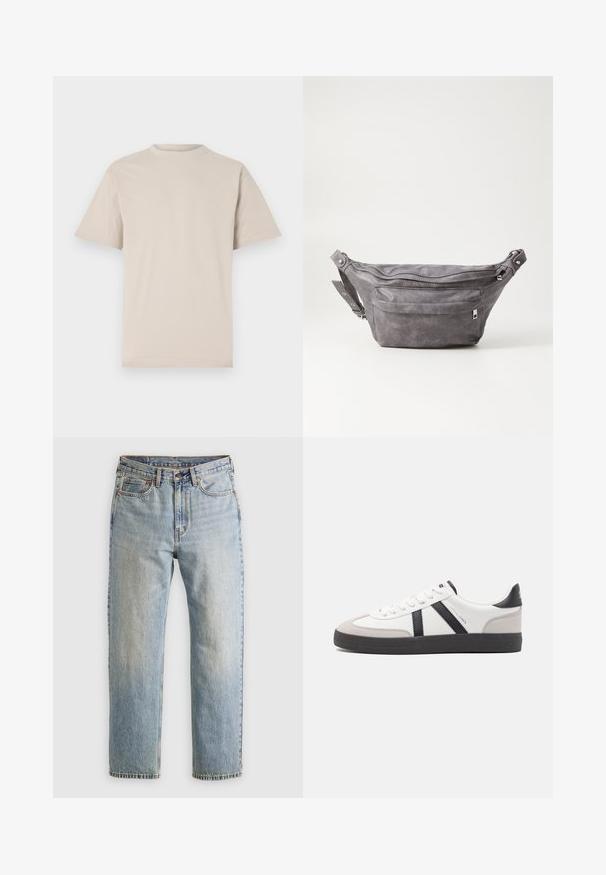 Bež majica s kratkimi rokavi, okroglim izrezom, izdelana iz gladkega bombažnega materiala, ki ponuja udoben kroj brez vidnih vzorcev ali okraskov.; Svetlo modri džins hlače z visokim pasom, sprednjim gumbom, zadrgo in petimi žepi, laid flat na nevtralni podlagi.; Bela športna obutev z črnimi in sivo akcenti, z teksturirano sivo kapico za prste, črnim gumijastim podplatom in ravnimi belimi vezalkami. Čista zasnova, minimalistični slog.; Sivkasta zamšasta torbica s okroglo obliko, dvema žepoma na zadrgo in nastavljivim trakom. Ima kovinske dodatke.