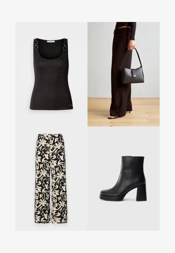 Top preto sem mangas com decote em forma de U, apresentando partículas metálicas, detalhes decorativos nos ombros e um silhueta ajustada.; Calças largas pretas com um padrão floral creme. Feitas de um tecido leve, apresentando uma textura suave e uma cintura alta.; Bota de couro preta até ao tornozelo com salto bloco e sola com plataforma, vista de lado sobre um fundo branco liso.; Bolsa preta com forma estruturada, textura suave e um fecho metálico. Combinada com calças largas pretas e sandálias de salto aberto sobre um chão de madeira.