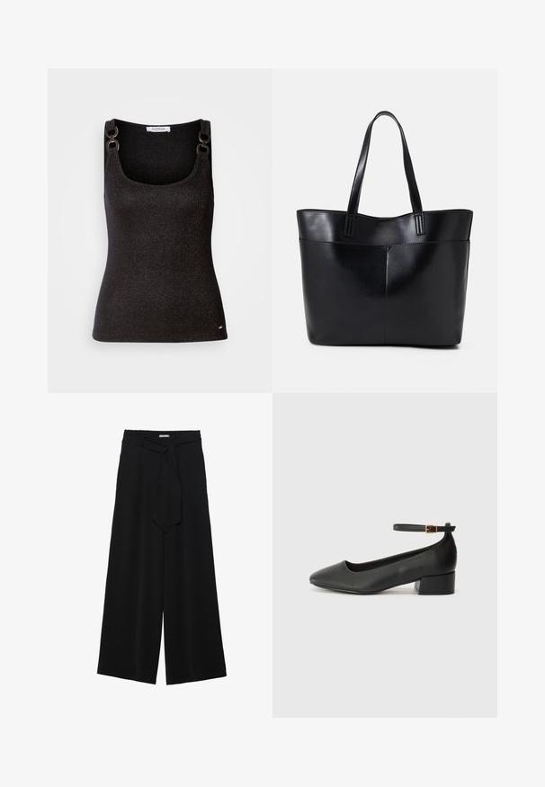 Sort ærmeløs top med en rund udskæring, der har metalliske glimmer, dekorativ skulderhardware og en tætsiddende silhuet.; Sorte vide bukser i en tekstureret stofkvalitet, med elastisk talje og et aftageligt bånd i taljen for justerbar pasform.; Sorte læderpumper med spids tå og en lav blokhæl. Har en ankelrem med en guldfarvet spænde. Glat tekstur.; Sort læder tote taske med to lange håndtag, en glat tekstur og en struktureret form. Har en forlommem for ekstra opbevaring.