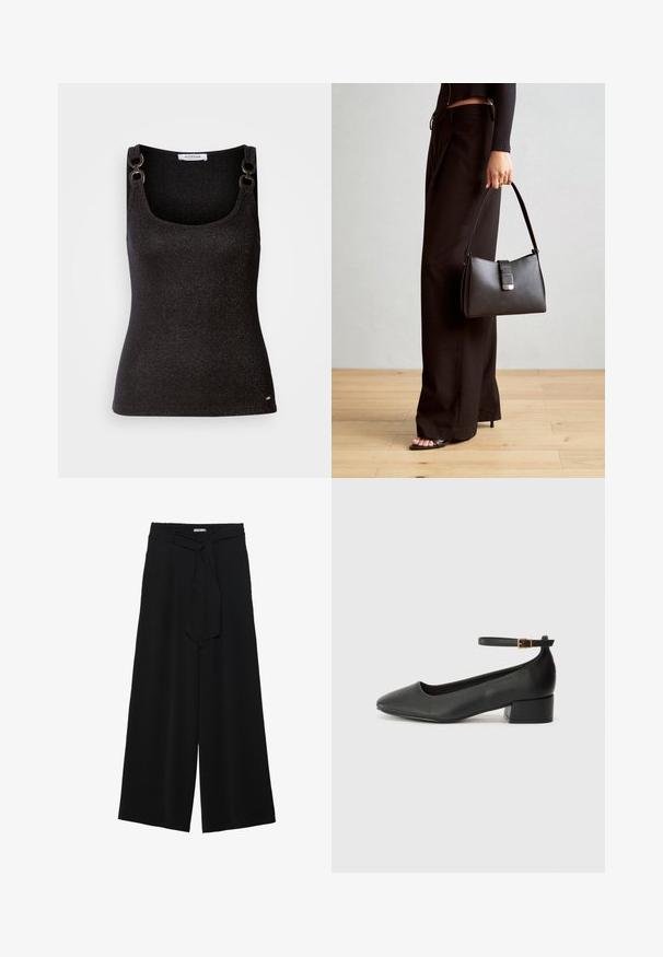 Čierny top bez rukávov s výstrihom do lodičky, ozdobený metalickými odleskami, dekoratívnymi ramennými prvkami a priliehavým strihom.; Čierne široké nohavice s textúrovanou tkaninou, elastickým pásom a odnímateľným viazaním na páse pre nastaviteľné priliehanie.; Čierne kožené lodičky s špicatou špičkou a nízkym blokovým podpätkom. Obsahuje remienok okolo členka so zlatým prackou. Hladký povrch.; Čierna kabelka so štruktúrovaným tvarom, hladkou textúrou a kovovou sponou. V kombinácii so širokými čiernymi nohavicami a sandálmi s otvorenou špičkou na drevenej podlahe.