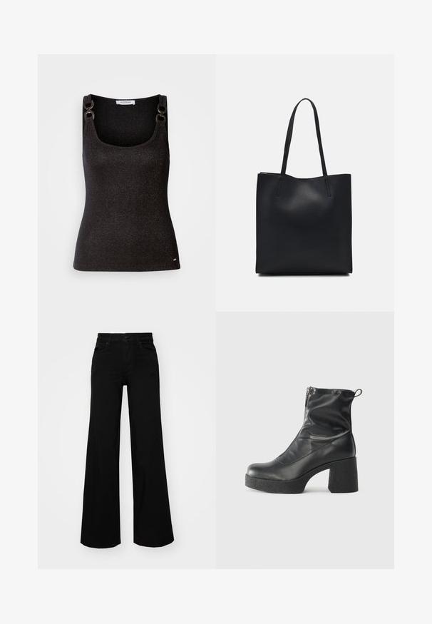 Black sleeveless top with a scoop neckline, featuring metallic flecks, decorative shoulder hardware, and a fitted silhouette.; Black wide-leg pants made of denim, featuring a structured waistband, belt loops, and front pockets. Smooth texture with a classic design.; Black ankle boots made of smooth leather, featuring a side zipper, chunky textured heel, and rounded toe design.; Black leather tote bag with smooth texture, rectangular shape, and two long handles. No visible hardware or embellishments.