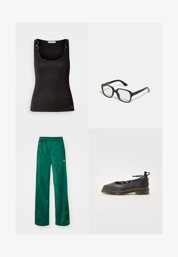 Mustat hihattomat paidat, joissa on pyöreä pääntie, metallinhohtoiset yksityiskohdat, koristeelliset olkaimet ja vartalonmyötäinen muoto.; Vihreät satiini-urheiluhousut, joissa on rento istuvuus, keltaiset raidat ja brodeerattu logo vasemmalla puolella. Elastinen vyötärönauha.; Musta nahkakengät pyöreällä kärjellä, matalalla korolla, nauhatyylillä ja keltaisella ompeleella pohjan ympärillä. Sileä rakenne ja matta pinta.; Mustat suorakulmaiset lasit kirkkailla linsseillä, pyöristettyjen reunojen ja sivu-akseleiden kanssa, kiiltävällä viimeistelyllä kehykset ja varsissa.; Mustalla nahka hobo-laukku, jossa on pehmeä, kaareva muoto. Varustettu leveällä yläkahvalla ja poimuilla pohjassa, mikä antaa rennon tekstuurin.