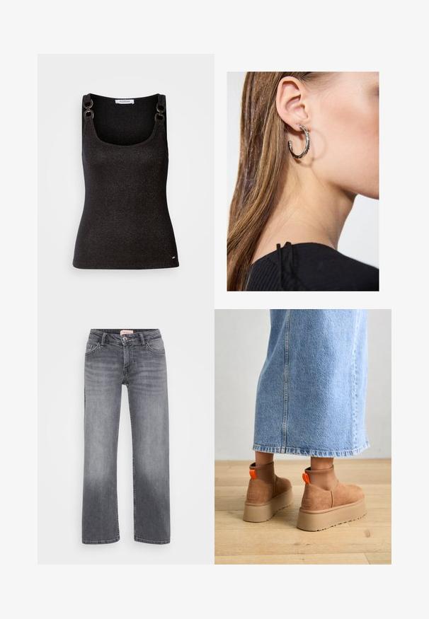 Fekete ujjatlan felső, kerek nyakkivágással, fémes csillogással, díszes vállrész hardware-rel és testhez simuló szabással.; Szürke farmernadrág egyenes szárú dizájnnal, öt zsebes stílussal, enyhe kopással, és gombos derékzárral.; Barna velúr platform csizmák elasztikus oldalsó panelekkel és narancssárga húzófülekkel, amelyek egy térdközépig érő világoskék farmer szoknyával vannak párosítva egy fás padlón.; Ez egy ezüst fülbevaló, sima felülettel, amelyen apró arany díszítőelemek találhatók. Kerek formájú és a fülcimpán viselik.