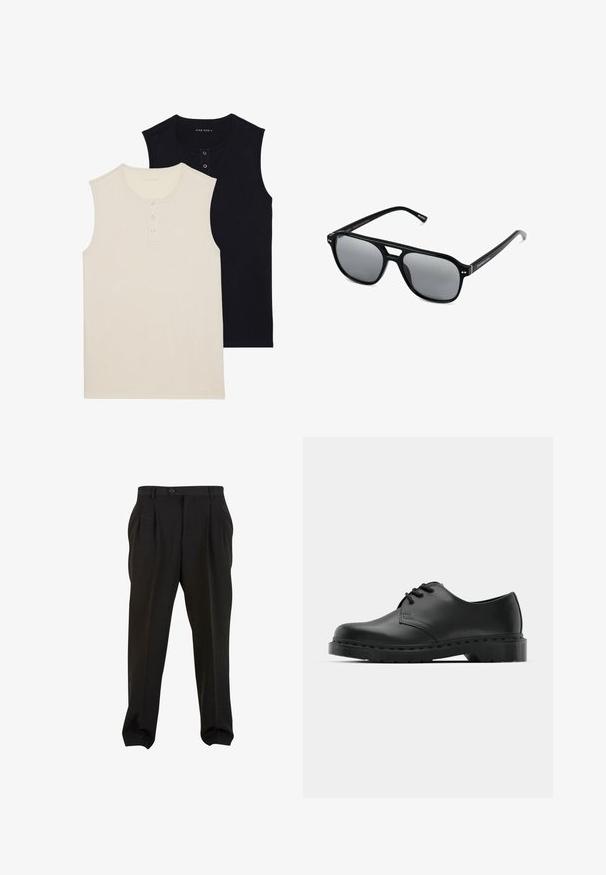 Twee mouwloze katoenen tops: een beige met een knopenlijst, en een effen zwarte. Beide hebben een ronde halslijn en een slim fit ontwerp.; Zwarte broek van gladde stof, met voorplooien, een knopenband en taps toelopende enkelboorden. Klassieke taillering.; Zwarte leren oxford schoenen met vetersluiting, ronde neus, platte rubberen zool en subtiele stiksel details langs het bovenwerk.; Zwarte zonnebril met rechthoekige montuur, grijs getinte glazen en een uitgesneden ontwerp bij de neusbrug. Strak, glanzend kunststof materiaal met smalle veren.