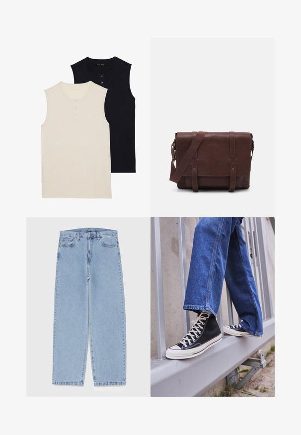 Twee mouwloze katoenen tops: een beige met een knopenlijst, en een effen zwarte. Beide hebben een ronde halslijn en een slim fit ontwerp.; Lichtblauwe denim jeans met een recht model, voorzien van een middelhoge taille, vijf zakken en een knoop- en ritssluiting.; Zwarte hoge sneakers met witte zool en veters, gecombineerd met losse blauwe denim jeans, rustend op een grijze leuning.; Bruine lederen schoudertas met een platte voorflap, twee banden, gouden hardware-accenten en een verstelbare schouderband.; Zilveren roestvrijstalen horloge met een ronde groene wijzerplaat, zilveren uurmarkeringen, datumsdisplay en een metalen schakelband. Waterbestendig tot 50 meter.