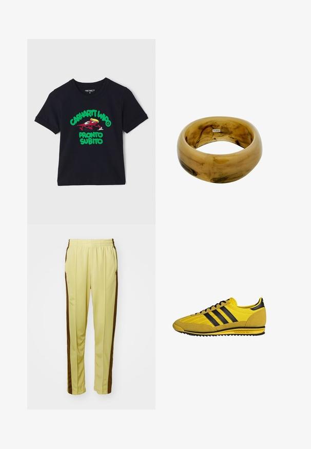 Melnās kokvilnas T-krekls ar īsām piedurknēm, kurā ir krāsains grafiks ar multfilmu varoni un uzraksts "CARHARTT WIP PRONTO SUBITO" zaļā un sarkanā krāsā.; Dzelteni sporta bikses ar gludu audumu, ar brūnām sānu svītrām, elastīgu jostu un divām sānu kabatām.; Dzelteni sporta apavi ar zamša un auduma virsu, melnu trīs svītru dizainu, teksturētām akcentiem un gumijas zoli.; Puscaida brūna sveķu aproce ar gludu, noapaļotu virsmu un smalku marmora struktūru; iekštelpās ir maza zīmola etiķete.