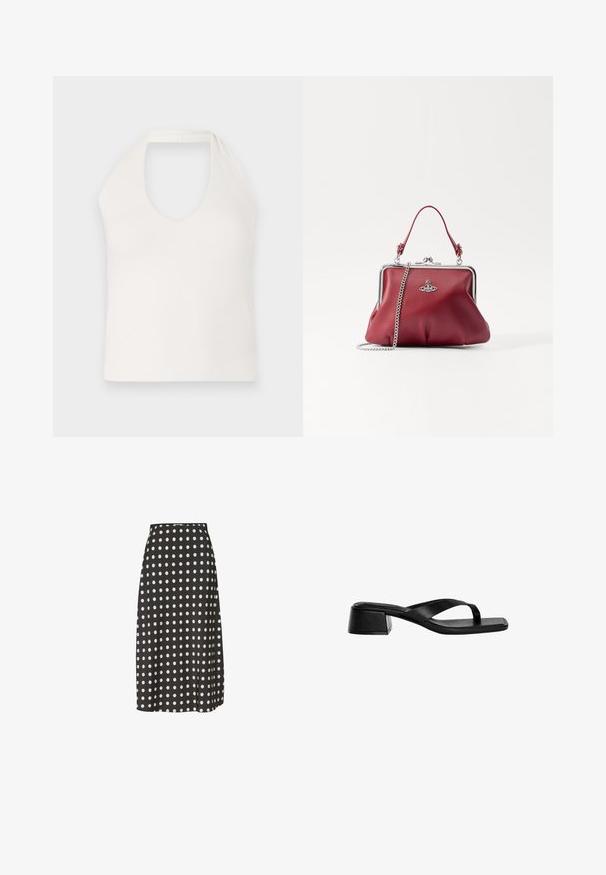 Weißes ärmelloses Oberteil mit hohem Kragen und tiefem V-Ausschnitt, das eine glatte Textur und ein schlichtes, tailliertes Design präsentiert.; Schwarzer Midirock mit weißen Punkten, aus einem glatten Stoff gefertigt. Verfügt über eine taillierte Passform und einen leichten Seitenschlitz für Bewegungsfreiheit.; Schwarze Leder-High Heel-Sandalen mit einem Zehenstegdesign, quadratischer Zehenpartie und niedrigem Blockabsatz. Glatte Textur mit minimalistischem Stil.; Rote Lederhandtasche mit einem Schulterriemen aus Silberkette, abgerundeter Form, plissiertem Design und einem Metallverschluss an der Oberseite. Mit einem Logo-Detail verziert.