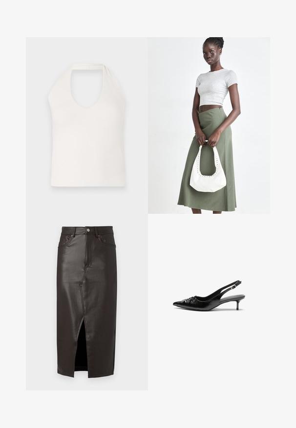 Valkoinen hihaton paita, jossa on korkea kaula-aukko ja syvä V-muotoinen etuosa, joka esittelee sileän tekstuurin ja yksinkertaisen, istuvan muotoilun.; Ruskea nahkainen midi-hame, jossa on etuhalkio, viisi taskua ja metallinappikiinnitys. Silkkinen pinta ja istuva leikkaus.; Mustat nahkaiset slingback-korkokengät, joissa on terävä kärki, pieni kitten-korko ja koristeellinen solki edessä. Yksinkertainen pinta kauttaaltaan.; Harmaa ribbattu crop-top ja oliivinvihreä korkeavyötäröinen hame. Malli pitää valkoista olkalaukkua, jossa on leikattu yksityiskohtia. Yksinkertainen muotoilu, vartalonmyötäinen siluetti.