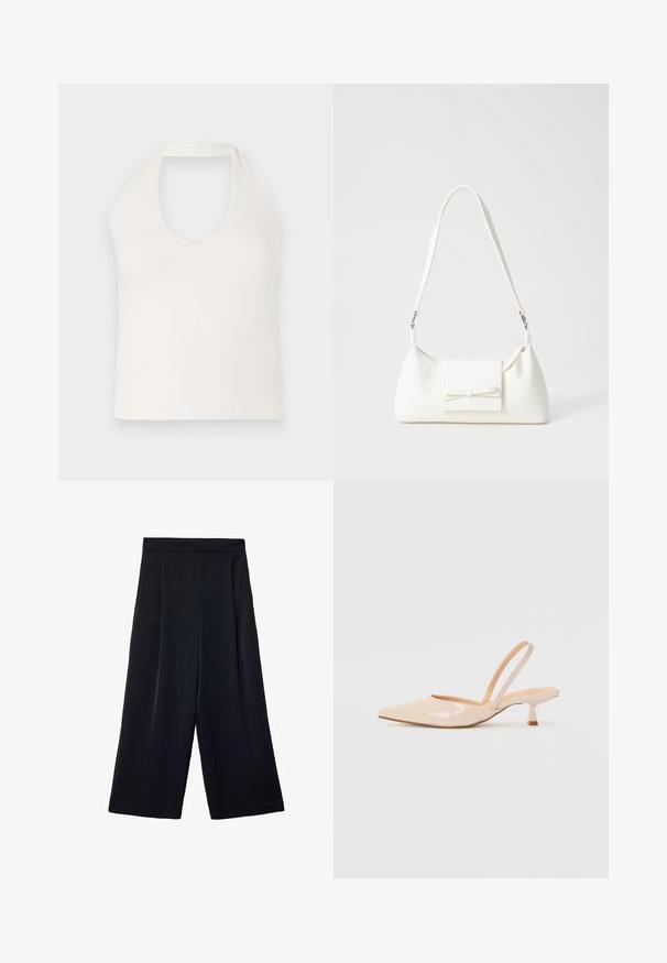Biely bezrukávový top s vysokým golierom a hlbokým V-výstrihom, ktorý zdôrazňuje hladkú textúru a jednoduchý, priliehavý dizajn.; Široké čierne nohavice vyrobené z ľahkého materiálu. Majú skladaný predok, vysoký pás a voľný strih okolo nôh.; Bežové lakované sandále na podpätku so špicatou špičkou a štíhlym, štvorcovým podpätkom. Hladká textúra a minimalistický dizajn bez ozdôb.; Biela syntetická kabelka s trojuholníkovým tvarom, plochým predným klapkou a detailom mašle, nastaviteľným popruhom, hladkou textúrou a minimalistickým dizajnom.