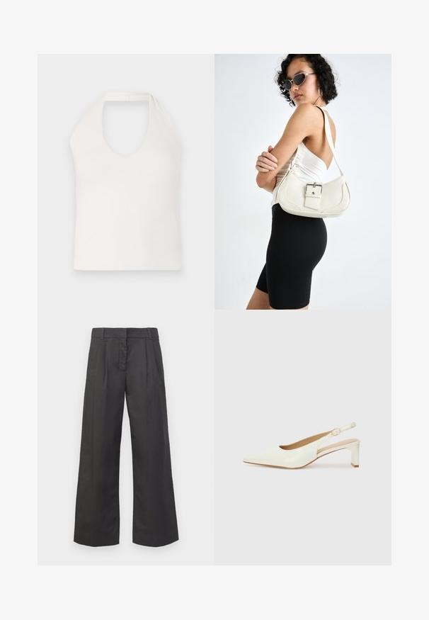 Top bianco senza maniche con collo alto e profonda scollatura a V, che mostra una texture liscia e un design semplice e aderente.; Pantaloni a gamba larga in tessuto nero, caratterizzati da una vita alta, pieghe frontali e tasche sottili. Texture liscia con una finitura pulita.; Scarpa slingback in vernice bianca con punta affusolata e tacco basso a blocco. Presenta una sottile cinghia con dettaglio a fibbia dorata.; Borsa a mano in pelle bianca con forma curvata, tracolla regolabile e un piccolo dettaglio con fibbia. Il modello indossa un outfit nero aderente.