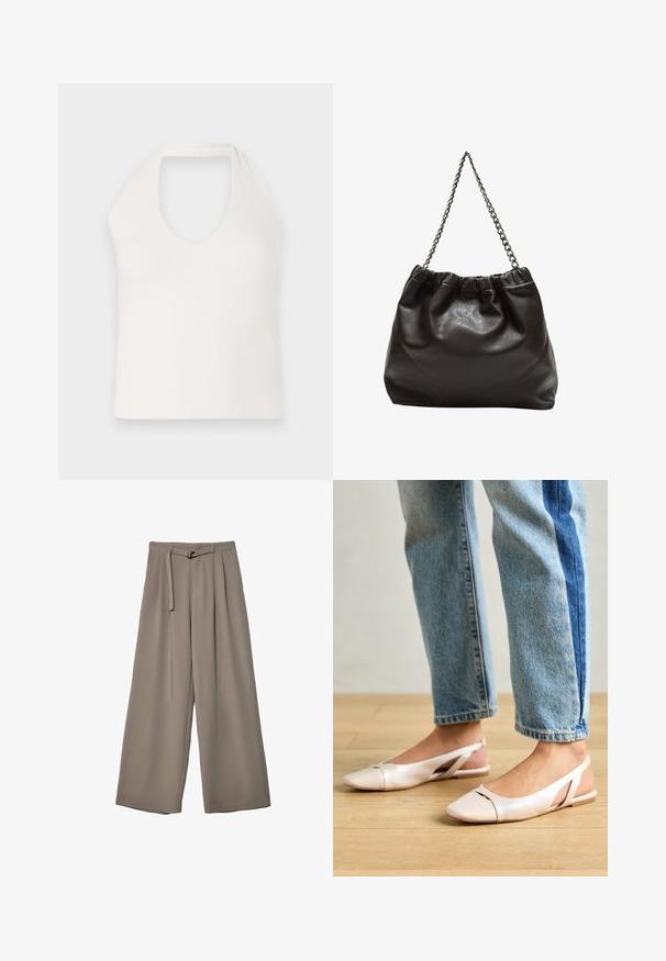 Weißes ärmelloses Oberteil mit hohem Kragen und tiefem V-Ausschnitt, das eine glatte Textur und ein schlichtes, tailliertes Design präsentiert.; Weite Hose aus einem weichen, gedämpften grauen Stoff, mit einem taillierten Bund und Falten für zusätzliche Design-Details. Glatte Textur, keine Muster.; Blassrosa Slingback-Ballerinas mit spitzem Punkt, aus einem glatten, lederähnlichen Material. Mit Ausschnitten an den Seiten und einem flachen Absatz.; Braune Lederhandtasche mit gerafftem Oberteil und Kettenriemen. Glatte Textur mit glänzendem Finish und subtilen Nahtdetails an den Seiten.