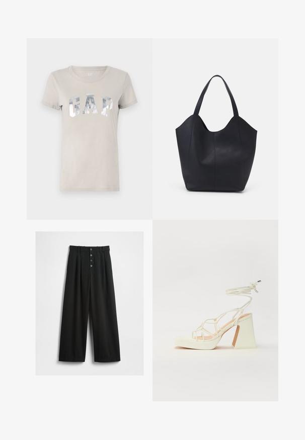 Light gray cotton t-shirt featuring a reflective silver "GAP" logo. Classic crew neck design with short sleeves and a soft texture.; Wide-leg black trousers made of a textured fabric. Features a high waist, five-button front closure, and pressed pleats for added detail.; White high-heeled sandal with a chunky heel, featuring a strappy design and ankle tie. Smooth texture with a platform front for added height.; Black tote bag made of smooth leather, featuring a curved, open top with two shoulder straps and a minimalist design.
