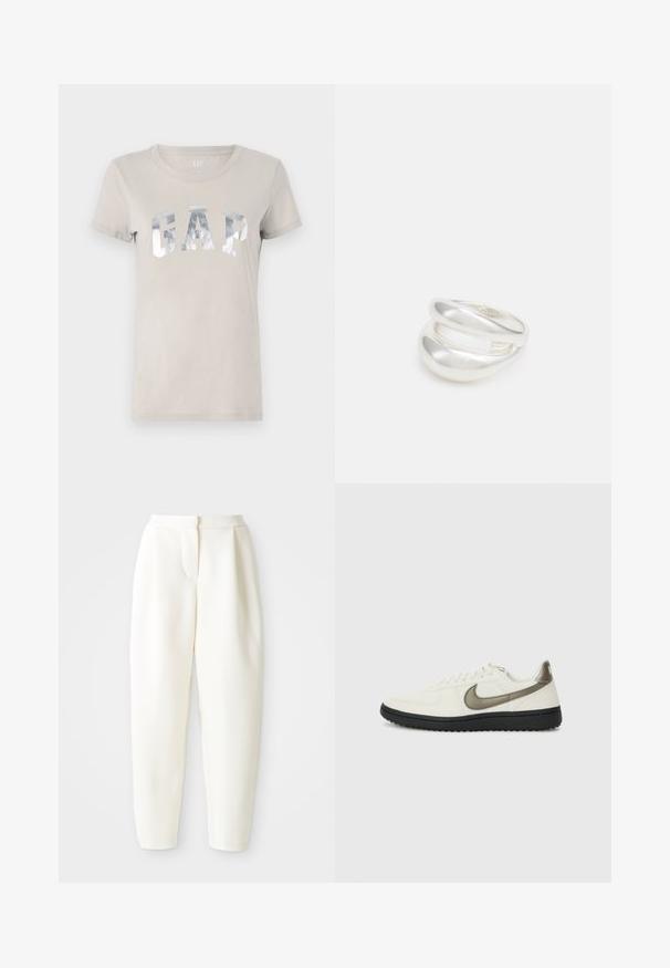 Heled halli puuvillane T-särk, millel on peegeldav hõbedane "GAP" logo. Klassikaline ümmargune kaelus, lühikesed varrukad ja pehme tekstuur.; Kõrge vöökoht ja kitsenevad valged püksid peidetud esiklõike ja küljetaskutega, esitlemine lihtsa valge tausta ees.; Nike Sportswear FIELD GENERAL - Tossud - off-white/black; Hõbedane kahekordne rõngas sujuva, poleeritud pinnaga. Omab voolavat, kõverat disaini, millel on kattuvad sektsioonid, et saavutada kaasaegne ilme.