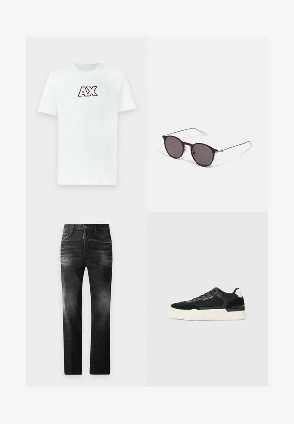Valkoinen lyhythihainen crewneck T-paita, jossa on rohkea punamusta "AX" -logo keskellä rintakehää yksinkertaista taustaa vasten.; Mustat denimfarkut suoralla istuvuudella. Ominaisuuksiin kuuluu haalistuneita alueita, pieniä kulumia, klassinen viiden taskun malli sekä nappisulku.; Mustat lenkkarit, joissa on verkkokangasta ja nahkaa, paksu valkoinen pohja ja kontrastivärit. Nauhat ja logo yksityiskohtana sivulla.; Musta pyöreä aurinkolasit tummilla linsseillä ja kapeilla metallikehyksillä. Sisältää kirkkaat temppelet ja hopeiset yksityiskohdat saranassa. Minimalistinen muotoilu.