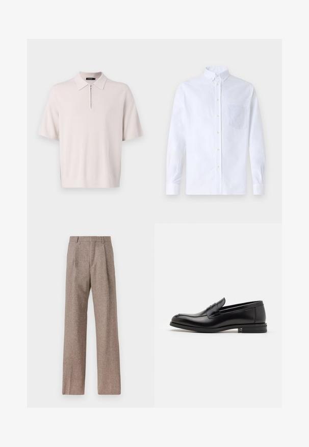 Šviesiai smėlio spalvos trumpomis rankovėmis polo marškiniai su užtrauktuku ir šonkaulio apvadu, pagaminti iš minkštos trikotažo medžiagos. Yra klasikinio apykaklės dizaino.; Balta ilga rankovė mygtukų marškiniai, pagaminti iš medvilnės, su krūtine kišene ir toniniu siuvinėjimu, apykakle ir mygtukų apvadu.; Rudos, aukšto liemens kelnes, pagamintas iš tekstūruotos medžiagos. Plati kojos, dvi priekinės klostės struktūrai. Tvarkingas apdailos darbai, be matomų detalių.; Juodos odinės loafers, turinčios lygų paviršių, apvalią noselę ir dekoratyvinę juostą per priekinę dalį. Žemas krentantis kulnas, minimalistinis dizainas.