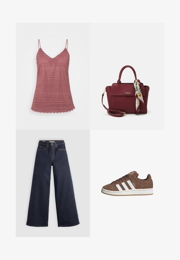 Růžový krajkový top na ramínka s nastavitelnými tenkými popruhy, s výstřihem do V a vlnitým lemem. Složitě vzorované po celé tkanině.; Bílá košile s dlouhým rukávem a knoflíkovým zapínáním, s špičatým límcem a nařasenými manžetami, vystavená na jednobarevném bílém pozadí.; Džínové kalhoty s širokými nohavicemi ve tmavě modré barvě s kontrastním prošíváním. Mají tradiční pětikapsový design a zapínání na knoflík v pase.; Hnědé semišové tenisky s bílými koženými pruhy, gumovou podrážkou, kulatou špičkou a šněrováním vpředu. Mají logo na jazyku a perforované detaily.; Burgundská kabelka vyrobená z umělého materiálu se strukturovaným designem, která má odnímatelný popruh a kroužek, na kterém je uvázaný šátek s květinovým vzorem.