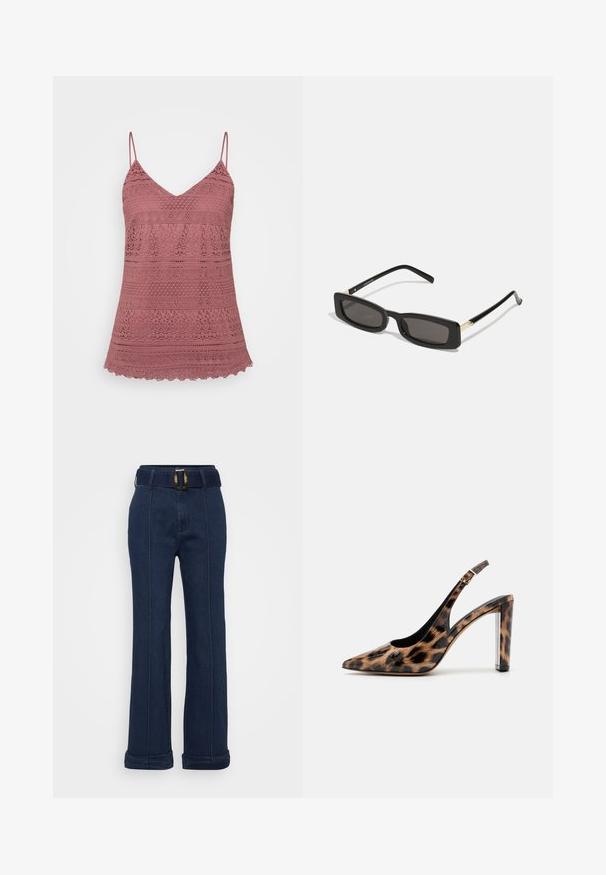 Camisole en dentelle rose avec des bretelles spaghetti réglables, présentant un décolleté en V et un ourlet festonné. Motifs complexes sur tout le tissu.; Pantalons en denim bleu foncé avec une coupe large, dotés d'une ceinture avec une grande boucle métallique et des accents de couture visibles.; Escarpin à dos nu en imprimé léopard avec un bout pointu et un talon bloc transparent. Fabriqué en matériau brillant avec une texture lisse.; Lunettes de soleil noires rectangulaires avec des verres sombres, monture en plastique brillant et accents dorés sur les branches. Design minimaliste et forme épurée.; Porte-monnaie tissé jaune avec un design à rabat, une sangle de poignet amovible et un accent en chaîne dorée. Texture lisse et forme rectangulaire.; Boucles d'oreilles en or avec une finition lisse et brillante. Design circulaire présentant un petit clou et une attache transparente pour un port sécurisé.